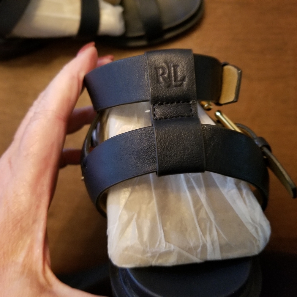 Ralph Lauren Black Leather Triple-Strap Sandals with Gold Buckles NWT - Picture 2 of 6